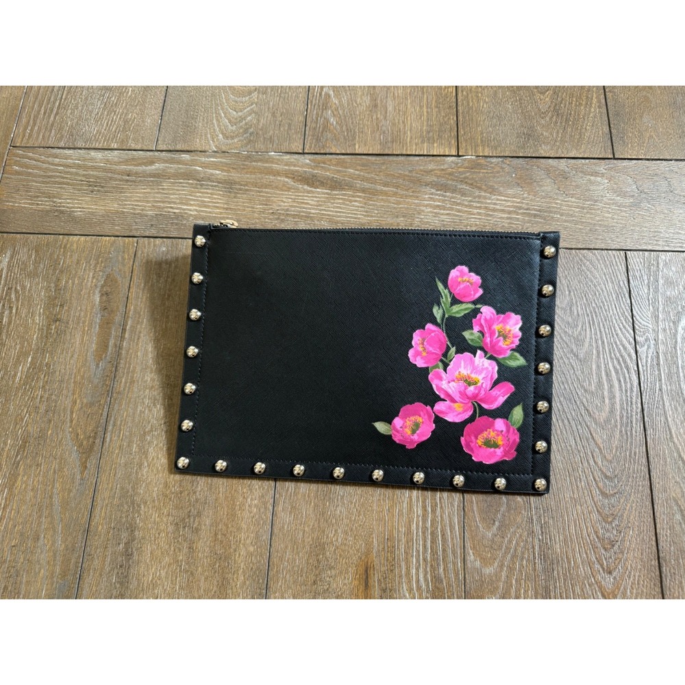 White House Black Market Wristlet Black Finish With Gold Studs & Floral Design - Picture 2 of 8